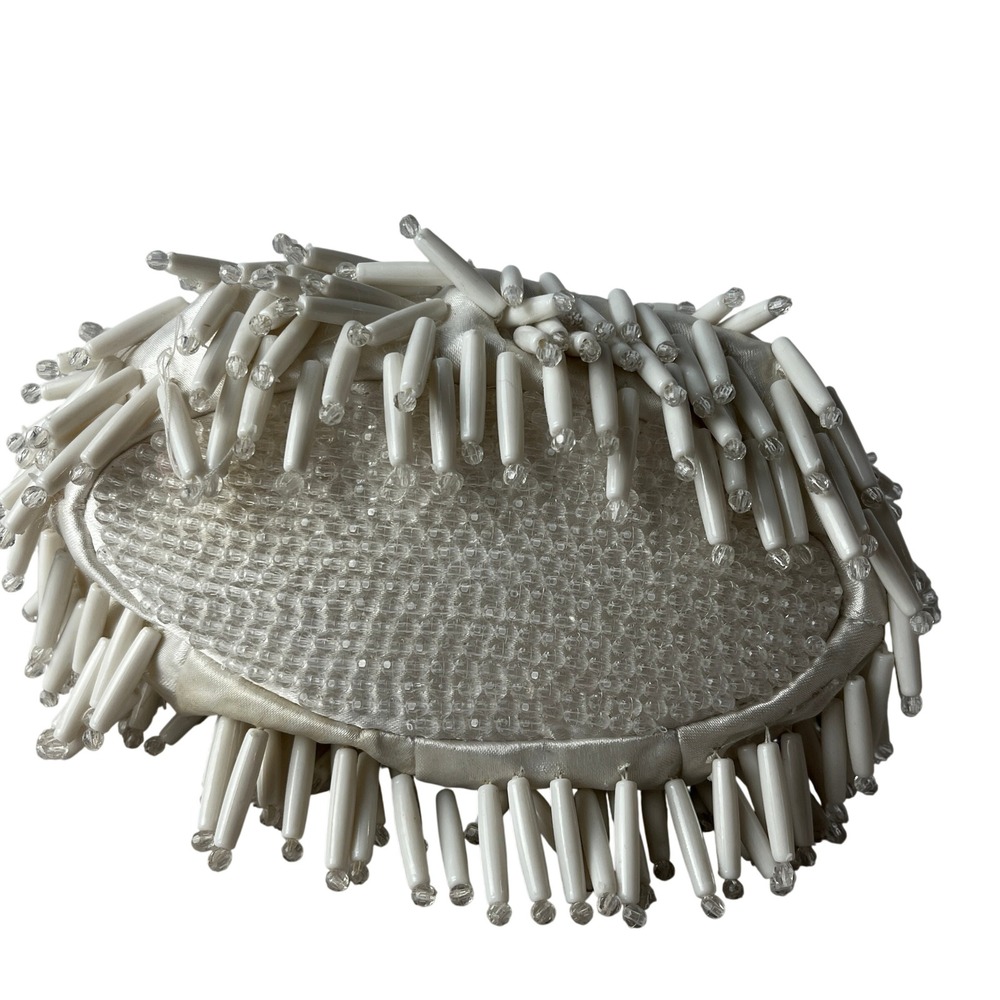 Beaded Fringe Handbag Ivory Mini Top Handle Evening Statement Bag - Picture 4 of 6